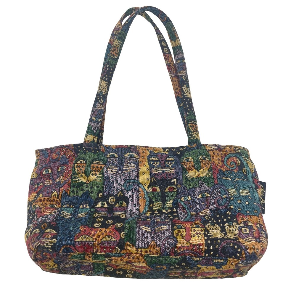 Laurel Burch Cat Tapestry Shoulder Bag Multi Color Artistic Tote Zip Top Vintage